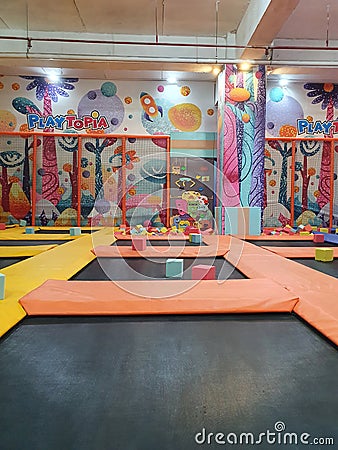 Samarinda, Indonesia. March 9 2021. Colorful empty children indoor playground, toys playing arena in playtopia Editorial Stock Photo