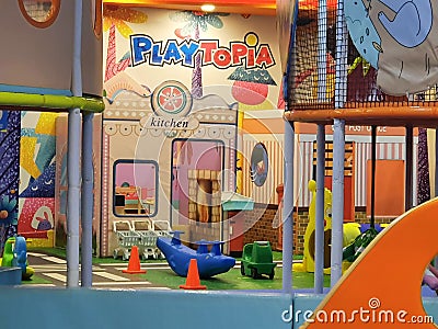 Samarinda, Indonesia. March 9 2021. Colorful empty children indoor playground, toys playing arena in playtopia Editorial Stock Photo