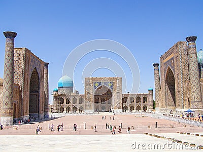 SAMARKAND, UZBEKISTAN - AUGUST 17 2018: Registan Square with people. Monument of medieval architecture with three madrasahs Editorial Stock Photo