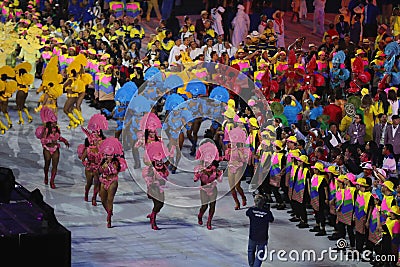 Samba dancers perform during Rio 2016 Olympics Opening Ceremony at Maracana Stadium in Rio de Janeiro Editorial Stock Photo