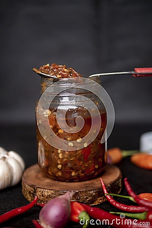 Sambal Bawang, Onion Chili Sauce, On spoon, Indonesia Traditional Food Stock Photo