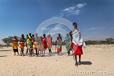 Maasai people are dancing and celebrating outdoors in the samburian wilderness Editorial Stock Photo