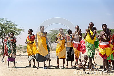 Samburu, Kenya/Africa - 10.05.2014: Maasai people are dancing and celebrating outdoors Editorial Stock Photo