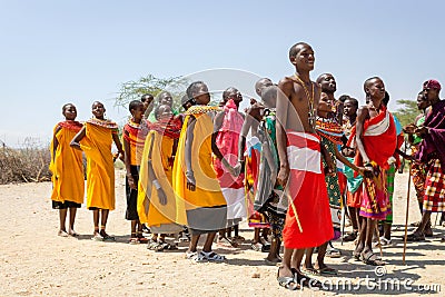 Samburu, Kenya/Africa - 10.05.2014: Maasai people are dancing and celebrating outdoors Editorial Stock Photo