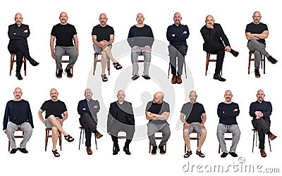Same man view in various outfits sitting on white background, front view Stock Photo
