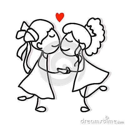 Same sex couple lgbt love two women kiss and holding hand hand drawing cartoon character pride concept Stock Photo