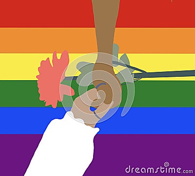 Same sex marriage.Black and Caucasian lesbian couple holding hands on LGBT rainbow flag background.Gay pride concept Stock Photo