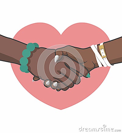 Same-sex marriage. Civil partnership. Handshake on the background of a pink heart Vector Illustration
