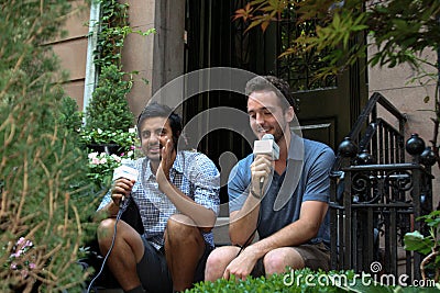 Sameer Gahdia and Jacob Tilley of Young the Giant sit for an interview in New York Editorial Stock Photo