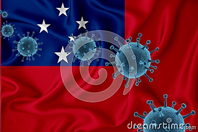 Samoa flag. Blue viral cells, pandemic influenza virus epidemic infection, coronavirus, infection concept. 3d-rendering Stock Photo