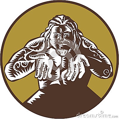 Samoan God Tagaloa Arms Out Circle Woodcut Vector Illustration