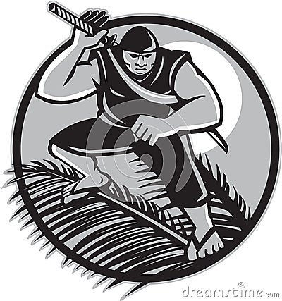 Samoan Ninja on top of Coconut Front Circle Vector Illustration
