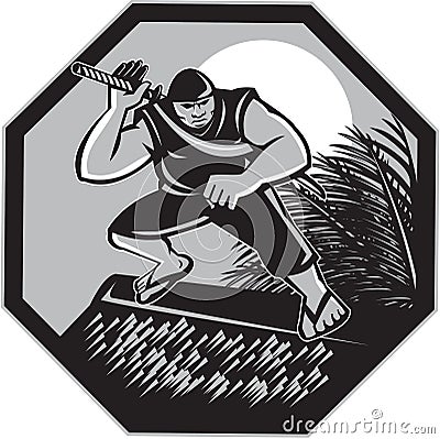 Samoan Ninja on top of Nipa Hut Retro Vector Illustration