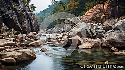 Serene Rocky Gorge Of River With Sharp Boulders And Rocks Stock Photo