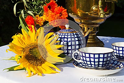 Samovar, cups of tea, red flowers with branches buckthorn, flowe Stock Photo