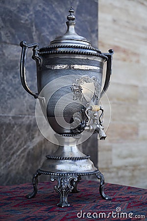 Samovar, russian tea pot. Vintage samovar on marble background Stock Photo