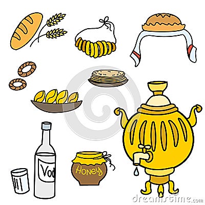 Samovar and Russian traditional food Vector Illustration