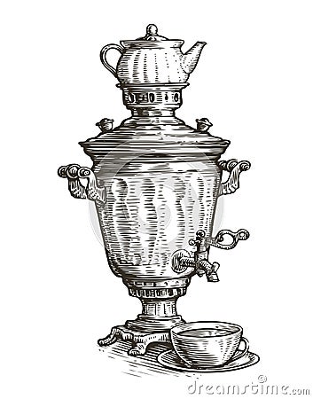 Samovar sketch. Russian traditional old fashioned style of tea drinking. Vintage vector illustration Vector Illustration