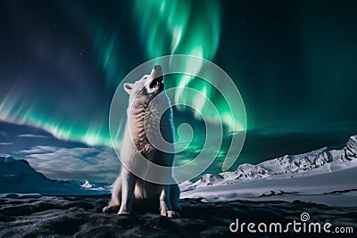 Samoyed dog looks at the northern lights Stock Photo