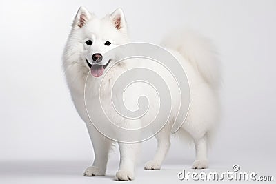 Samoyed Dog Stands On A White Background Stock Photo