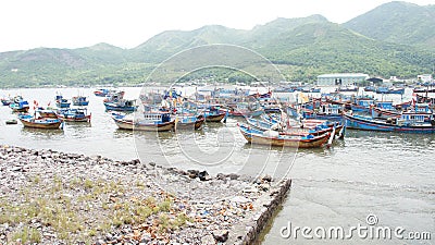 Sampan fleet anchors at a harbour nearby Nha Trang Stock Photo