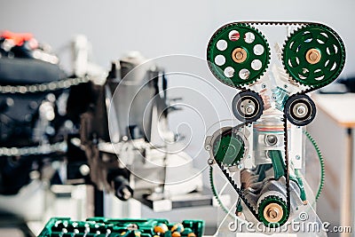 Sample automobile camshaft with timing belt and pistons Stock Photo