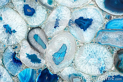 Sample of blue mosaic made of pieces of natural agate collected in manual handing. Polished semiprecious stone for Stock Photo