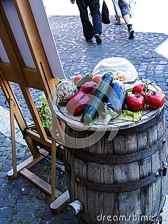 Sample food outside restaurant in the Campo di Fiori in Rome Italy Editorial Stock Photo