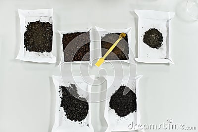 samples of black earth lie on a white table in a laboratory top view one Stock Photo