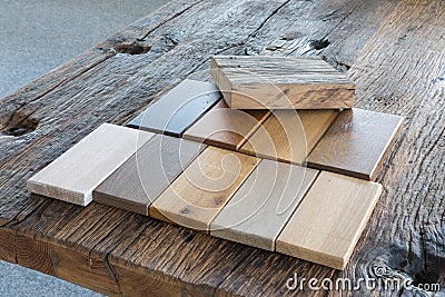 Samples of different kinds of wood in a furniture shop Stock Photo