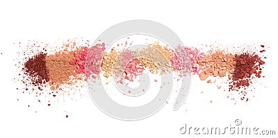 Samples of dry blush, powder, bronzers and highlighter scattered in a line isolated on a white background Stock Photo