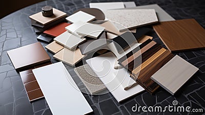 samples of interior material consists concrete tile, wooden laminated or veneer, artificial stones, green fabric for Stock Photo