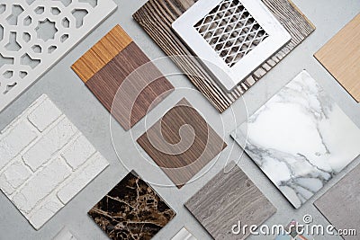 Samples of material, wood , on concrete table.Interior design se Stock Photo