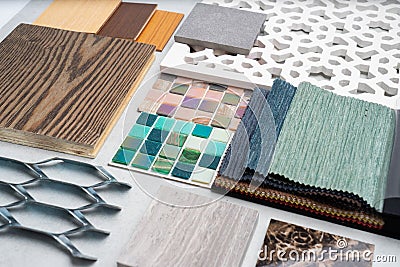 Samples of material, wood , on concrete table.Interior design se Stock Photo