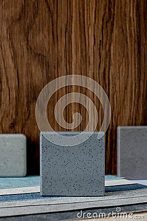 Samples of materials for interior design. Fabric wallpaper, samples of artificial stone, wood Stock Photo