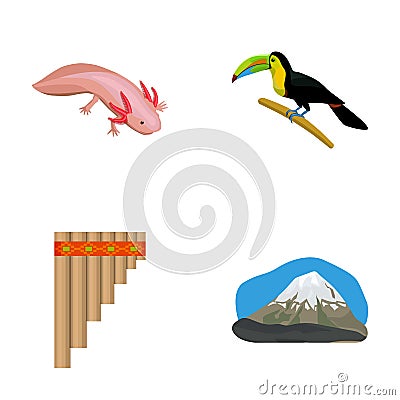 Sampono Mexican musical instrument, a bird with a long beak, Orizaba is the highest mountain in Mexico, axolotl is a Vector Illustration