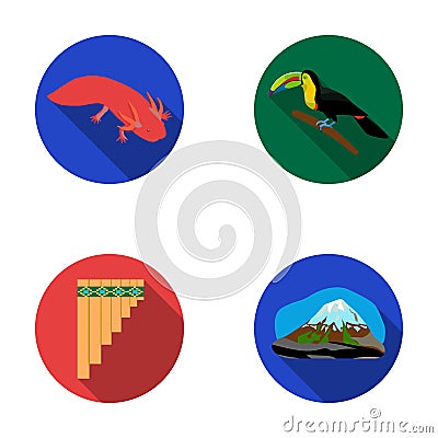 Sampono Mexican musical instrument, a bird with a long beak, Orizaba is the highest mountain in Mexico, axolotl is a Vector Illustration