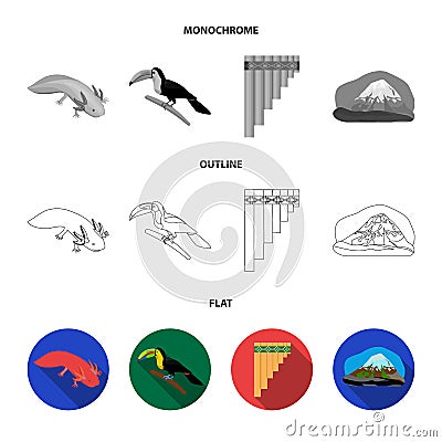 Sampono Mexican musical instrument, a bird with a long beak, Orizaba is the highest mountain in Mexico, axolotl is a Vector Illustration