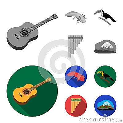 Sampono Mexican musical instrument, a bird with a long beak, Orizaba is the highest mountain in Mexico, axolotl is a Vector Illustration