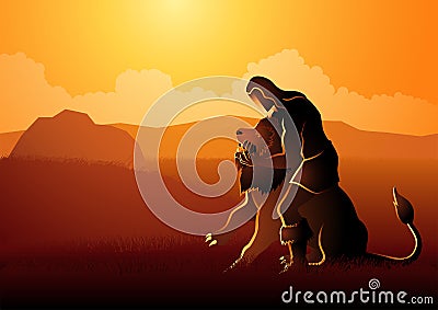 Samson Fighting The Lion Vector Illustration