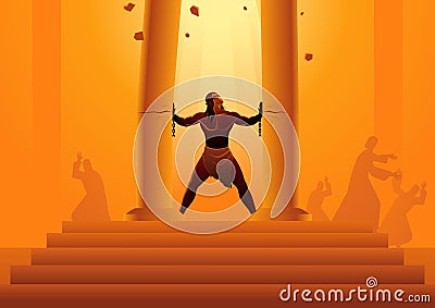 Samson held the pillars of the temple and pushing them apart Vector Illustration