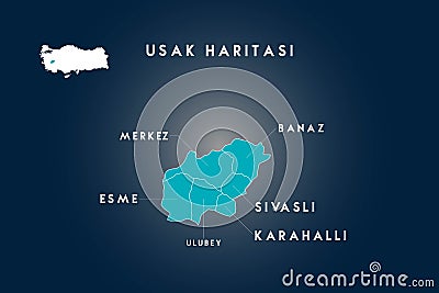 Usak districts esme, banaz, sivasli, karahalli, ulubey map, Turkey Stock Photo