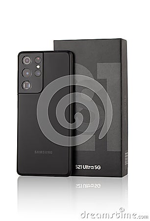 Samsung Galaxy S21 Ultra 5G on white background. New smartphone from Samsung and the box Editorial Stock Photo