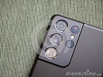 Samsung Galaxy S21 Ultra, smartphone camera, multiple camera lenses object macro detail, extreme closeup, back plate up close Editorial Stock Photo