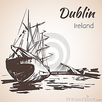 Samuel Beckett Bridge with big ship, Dublin, Ireland. Vector Illustration