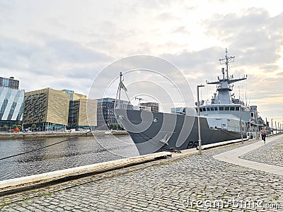 Samuel Beckett navy ship docked on river Liffey, Dublin Ireland Editorial Stock Photo