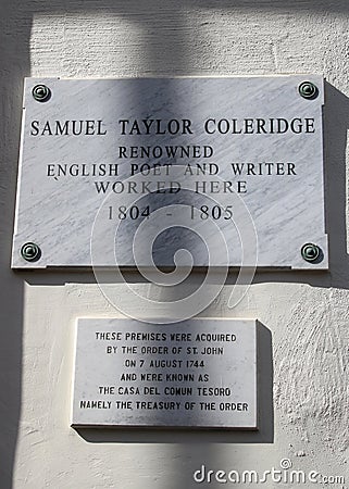 Samuel Taylor Coleridge plaque, Valletta, Malta Editorial Stock Photo