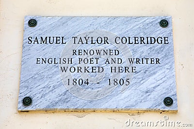 Samuel Taylor Coleridge Plaque in Valletta Editorial Stock Photo