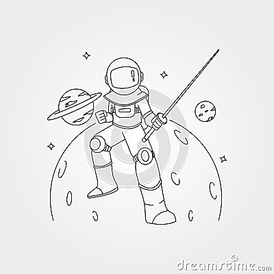 Samurai astronaut line art vector symbol with planet background illustration design, astronaut with sword illustration Vector Illustration