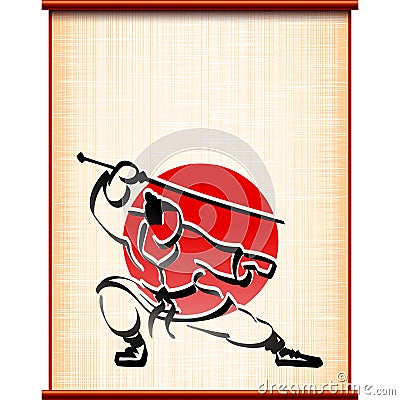 Samurai background parchment katana fighting stance ink silhouette Vector Illustration